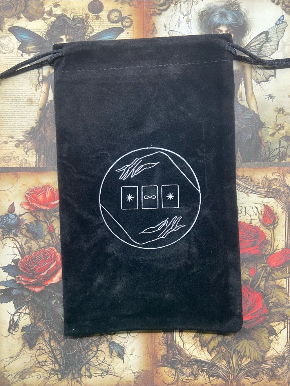 Hand Crafted Black Velvet Drawstring Tarot Bag with White Card Graphic